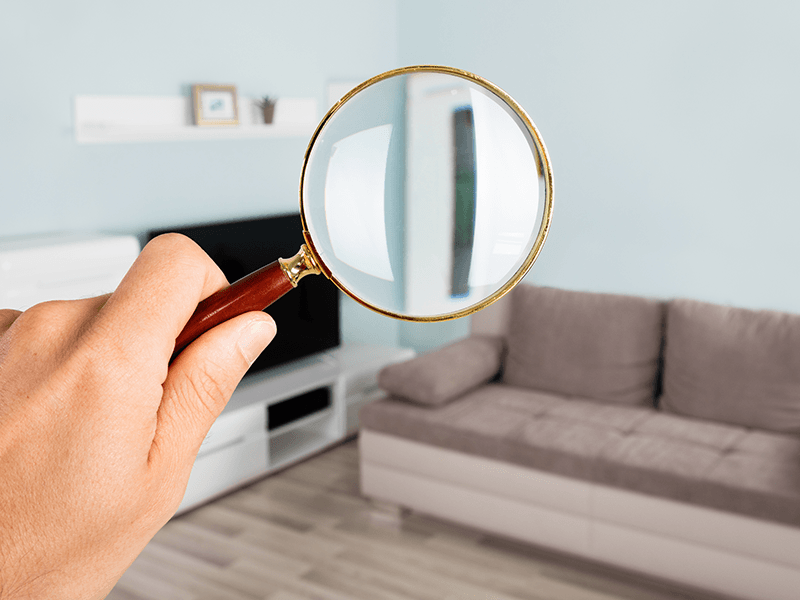 gentleman holding up magnify glass up in the living room